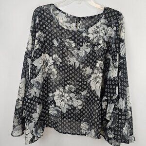 Sheer Floral Layered Look Business Casual Modern Chic Flowy Elegant Top Women XL